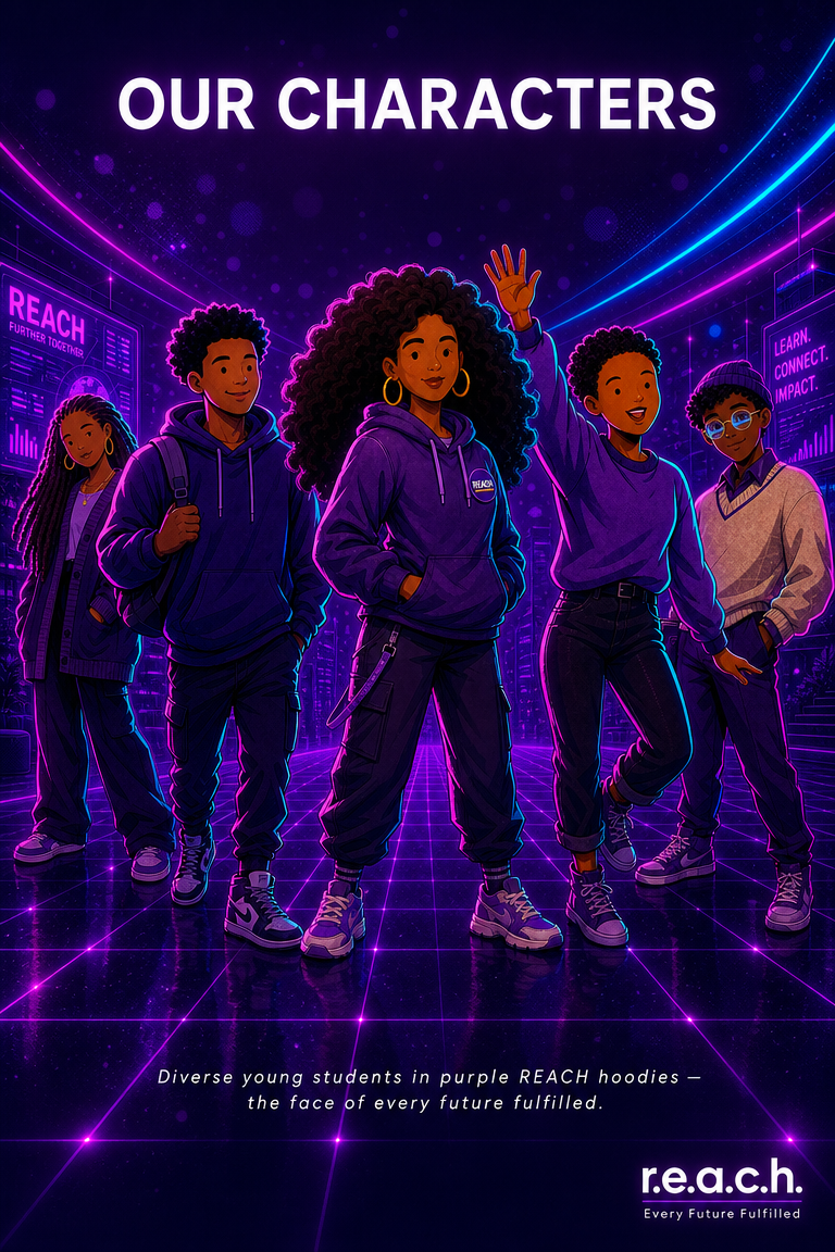 REACH student characters in purple hoodies